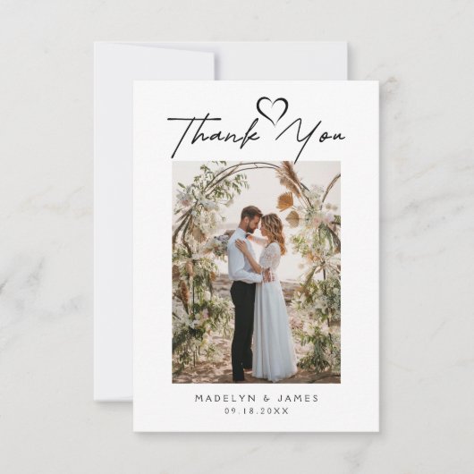 Eenvoudig minimalistisch script met hart bruiloft  bedankkaart (Voorkant)