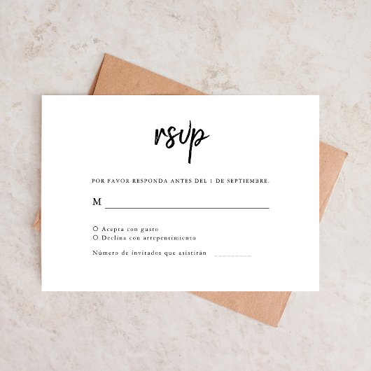 Eenvoudig minimalistisch Spaans huwelijk RSVP Kaartje