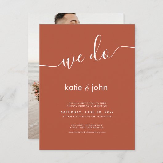 Eenvoudig minimalistisch Terracotta Virtual We wed Uitnodiging Briefkaart (Voorkant / Achterkant)