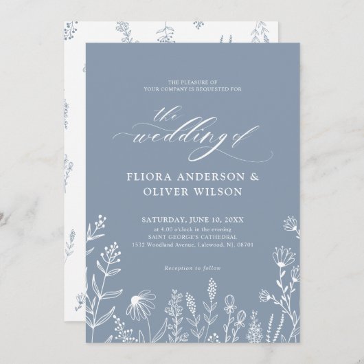 Eenvoudig minimalistisch wild-mosterd blauw huweli kaart (Voorkant / Achterkant)