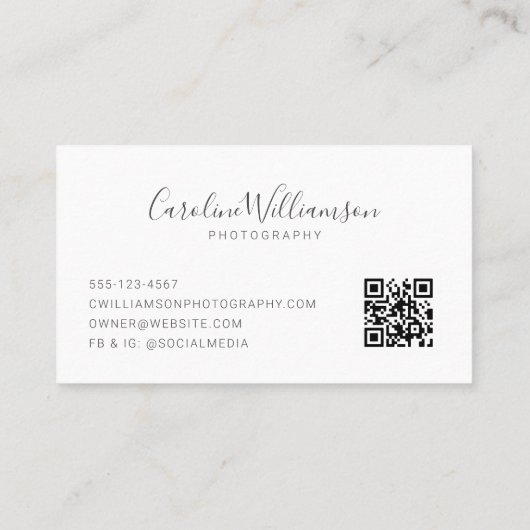 Eenvoudig minimalistisch zwart script zwart-wit QR Visitekaartje (Achterkant)