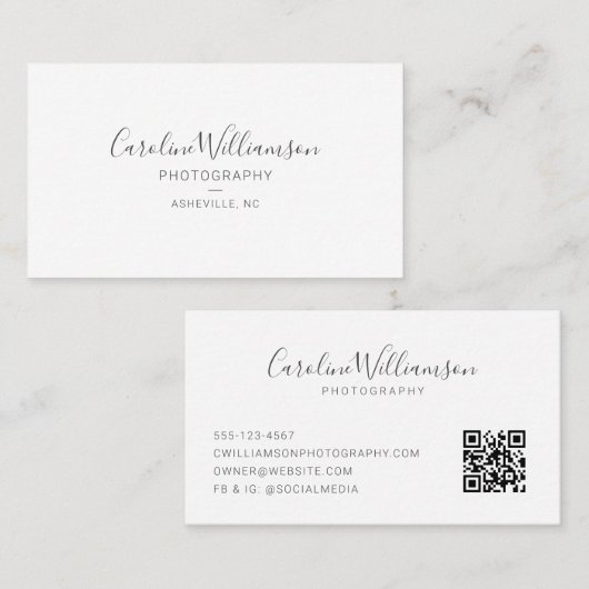 Eenvoudig minimalistisch zwart script zwart-wit QR Visitekaartje (Voorkant / Achterkant)