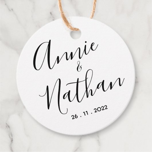 Eenvoudig Minimalistisch zwart witscript bruiloft Bedankjes Labels (Voorkant)