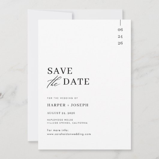 Eenvoudig minimalistisch zwart-witscript save the date (Voorkant)