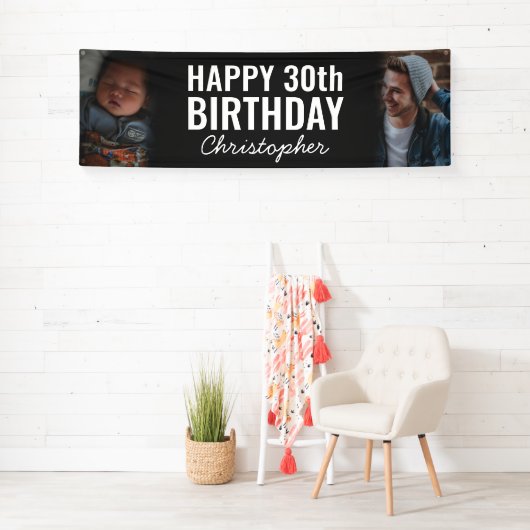 Eenvoudig Modern 2-fotoscript Happy Birthday Party Spandoek (Insitu)