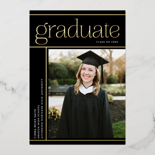 Eenvoudig Modern Afstuderen Afstuderen Zwart Goud  Folie Uitnodiging (Voorkant)