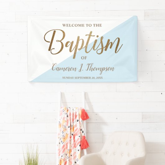 Eenvoudig modern blauw goudkalligrafie-baby Baptis Spandoek (Insitu)