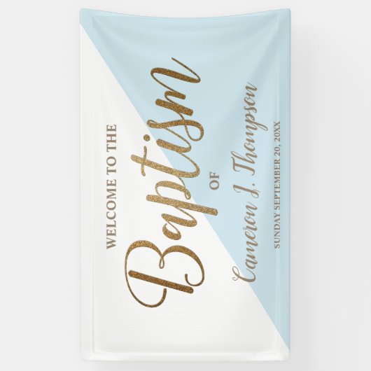 Eenvoudig modern blauw goudkalligrafie-baby Baptis Spandoek (Verticaal)