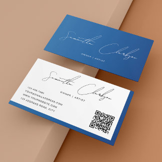 Eenvoudig Modern Blauw Handgeschreven Script QR-co Visitekaartje