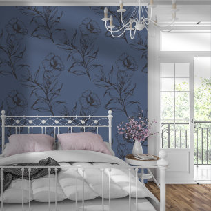 Eenvoudig Modern Bloemmotief Donkerblauw Behang