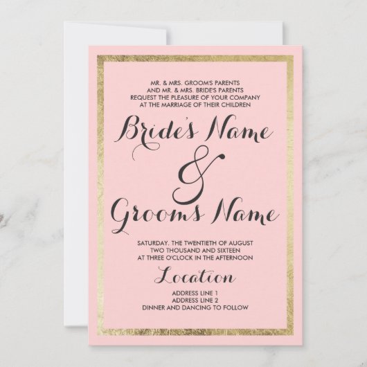 Eenvoudig Modern Blush Roze Gouden Rand Bruiloft Kaart (Voorkant)