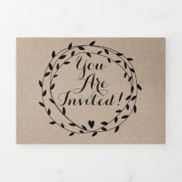 Eenvoudig modern Boho Black Leaf Wreath Wedding Drieluik Uitnodiging