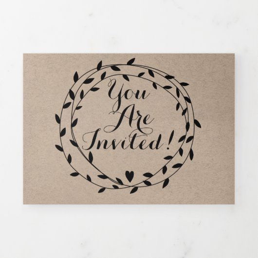 Eenvoudig modern Boho Black Leaf Wreath Wedding Drieluik Uitnodiging (Cover)