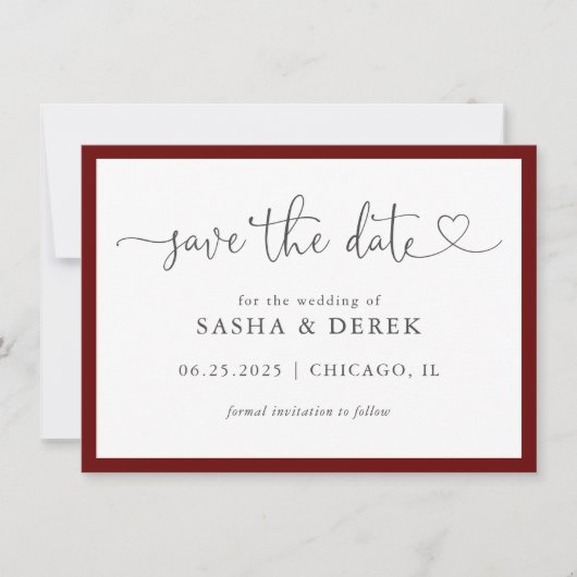 Eenvoudig Modern Elegant Save the Date Burgundy (Voorkant)