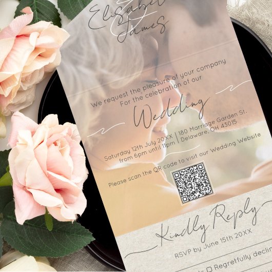 Eenvoudig modern en elegant script foto-bruiloft t all in one uitnodiging