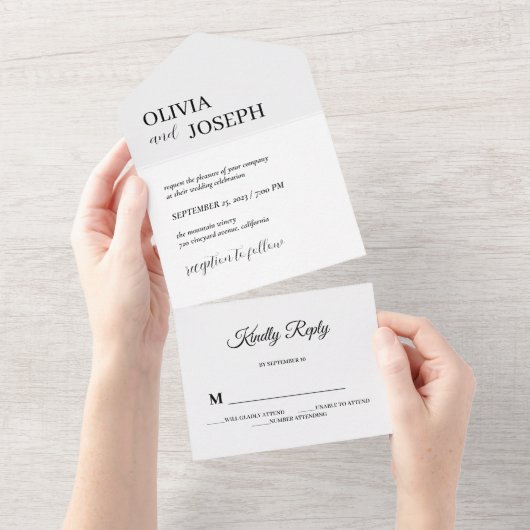 Eenvoudig Modern en Minimalistisch | Witte bruilof All In One Uitnodiging (Afscheurbaar)