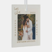 Eenvoudig Modern Getrouwd & Vrolijk Goud Script Fo Glas Ornament (Voorkant Rechts)
