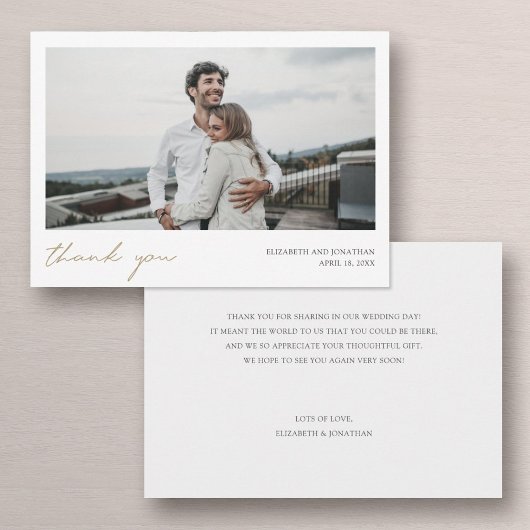 Eenvoudig Modern Gold Script Custom Photo Wedding Bedankkaart