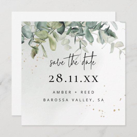 Eenvoudig modern groen en goudgroen vierkant save the date (Voorkant / Achterkant)