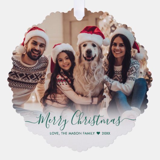 Eenvoudig Modern Groen Script 2 Foto Kerstmis Ornament Kaart (Voorkant)