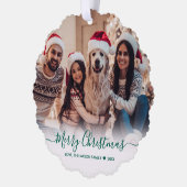 Eenvoudig Modern Groen Script 2 Foto Kerstmis Ornament Kaart (Links)