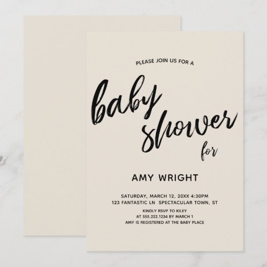 Eenvoudig, modern handschrift crème Baby shower Kaart (Voorkant / Achterkant)