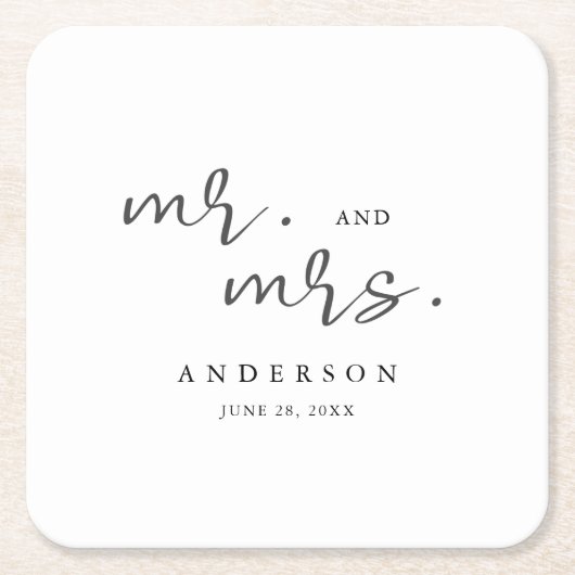 Eenvoudig modern, minimalistisch script Mr. en Mrs Vierkante Kartonnen Onderzetter (Voorkant)