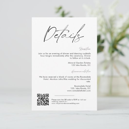 Eenvoudig Modern Minimalistisch Script Trouwdetail Informatiekaartje (Staand voorkant)
