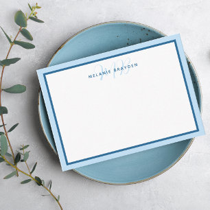 Eenvoudig modern monogram blauwe tweetonige rand notitiekaartje