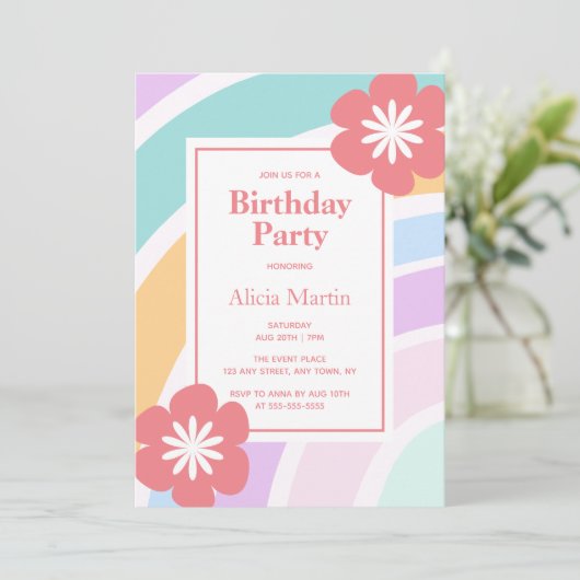 Eenvoudig Modern Pastel Regenboog Bloem Verjaardag Kaart (Staand voorkant)