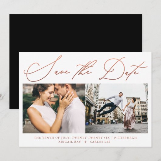 Eenvoudig, modern Roos Gold Script Photo Black Save The Date (Voorkant / Achterkant)