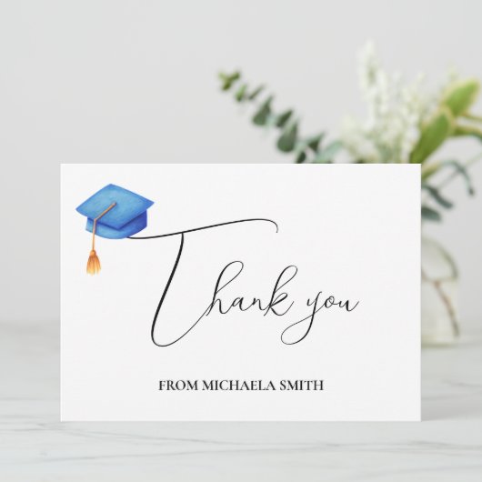 Eenvoudig Modern Script Blauw afstudeerdop Bedankkaart (Staand voorkant)