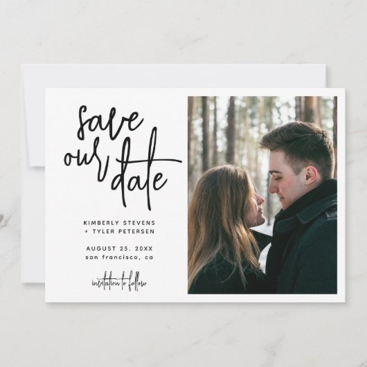 Eenvoudig modern script foto bruiloft save the date (Voorkant)