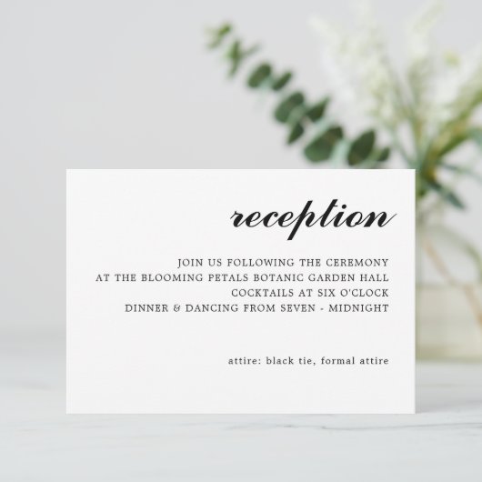 Eenvoudig Modern Script Wedding Receptie Zwart Informatiekaartje (Staand voorkant)