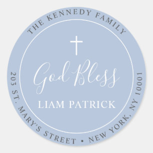 Eenvoudig modern Stusty Blue Baptism-adreslabel Ronde Sticker