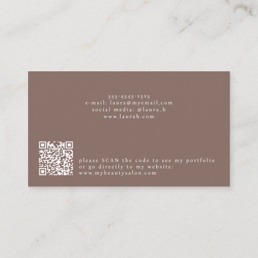 Eenvoudig modern vrouwelijk script QR code bruin s Visitekaartje (Achterkant)