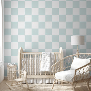 Eenvoudig modern wit en aqua dambord patroon behang