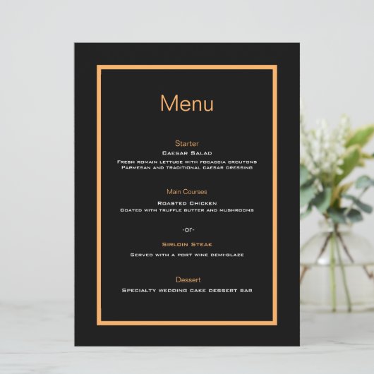 Eenvoudig modern zwart en oranje bruiloft platte m menu (Staand voorkant)