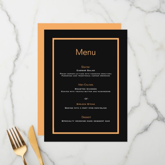 Eenvoudig modern zwart en oranje bruiloft platte m menu (Voorkant / Achterkant in situ)