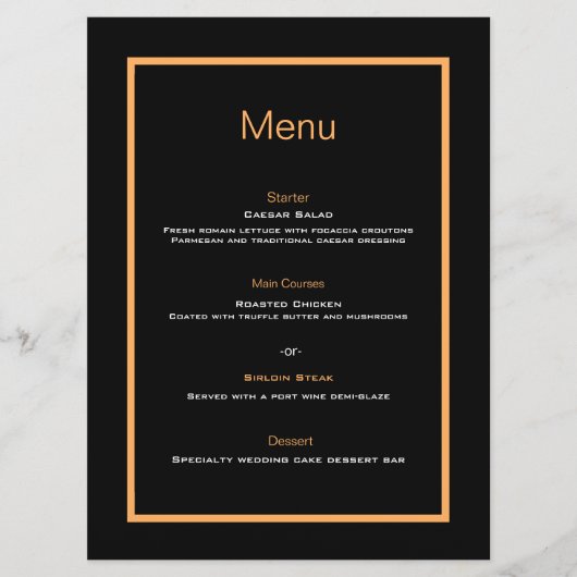 Eenvoudig modern zwart en oranje bruiloft platte m menu (Voorkant)