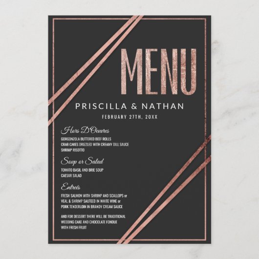 Eenvoudig modern zwart Roos Gold Chic Linear Weddi Menu (Voorkant)