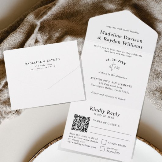 Eenvoudig Modern Zwart-Wit QR Code Bruiloft All In One Uitnodiging