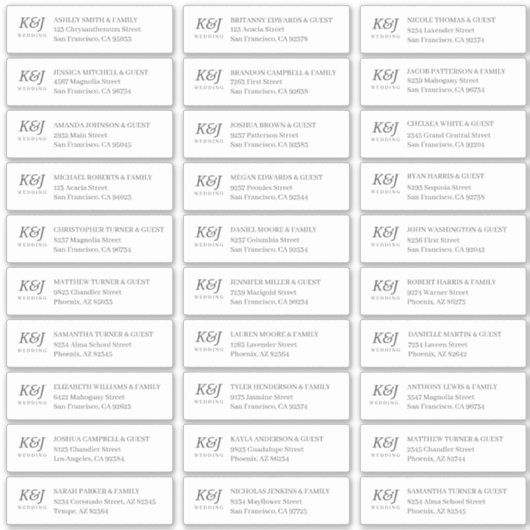 Eenvoudig Monogram Bruiloft Gast Namen Adres Sticker (Voorkant)