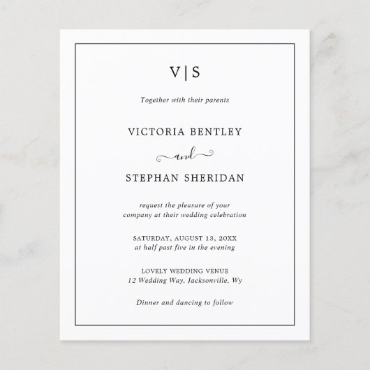 Eenvoudig Monogram Elegant Budget Weddenschap Uitn (Voorkant)