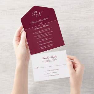 Eenvoudig Monogram Elegant Burgundy Wedding All In One Uitnodiging