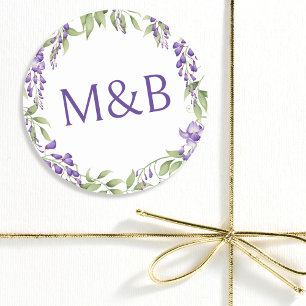 Eenvoudig Monogram Elegant Paarse Bloemen Bruiloft Ronde Sticker