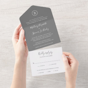 Eenvoudig monogram formeel elegant grijs huwelijk all in one uitnodiging