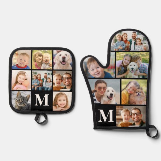 Eenvoudig Monogram Fotocollage Mitt 6 Potholder 8 Ovenwant & Pannenlap Set (Voorkant)
