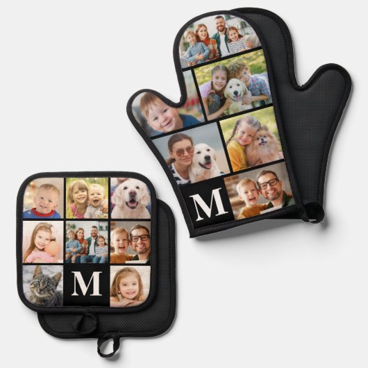 Eenvoudig Monogram Fotocollage Mitt 6 Potholder 8 Ovenwant & Pannenlap Set (Voorkant / Achterkant)