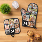 Eenvoudig Monogram Fotocollage Mitt 6 Potholder 8 Ovenwant & Pannenlap Set (Top down)